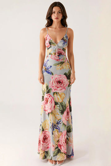 Grey Blue Floral Spaghetti Straps Mermaid Evening Dress